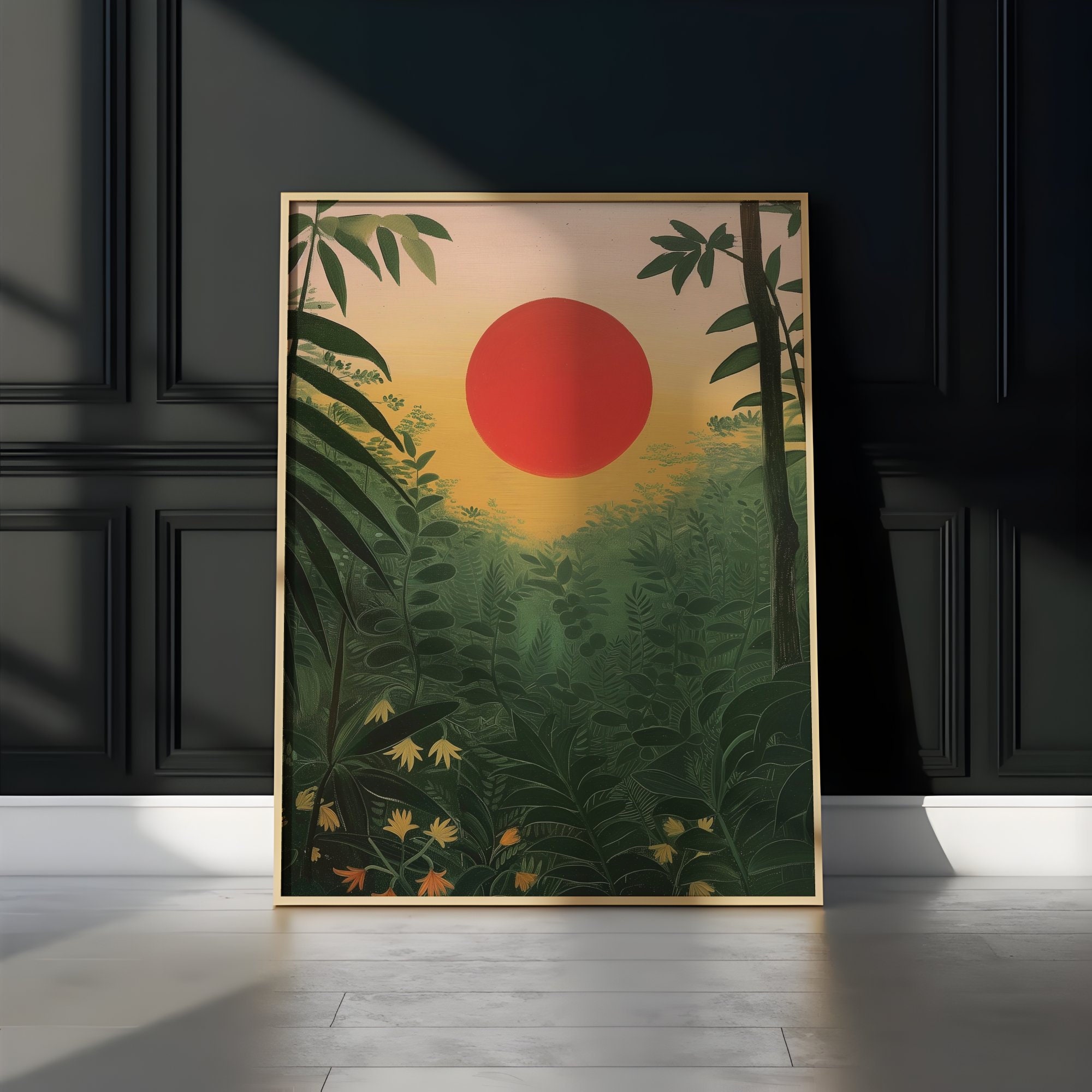 Henri Rousseau Inspired: Tropical Forest Scenery With Red Sun, Sunrise ...