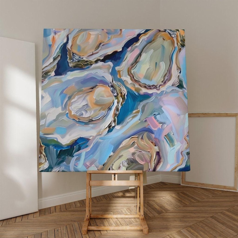 Delicias de ostras, lámina artística de cocina costera / lienzo de museo / póster mate o lienzo con borde envolvente, azul, tamaños variados. imagen 3