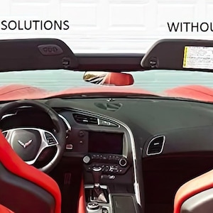 May include: A red convertible car interior with black leather seats and a black dashboard. The sun visors are up and the text "WITH SOLUTIONS" and "WITHOUT" is visible above the visors.