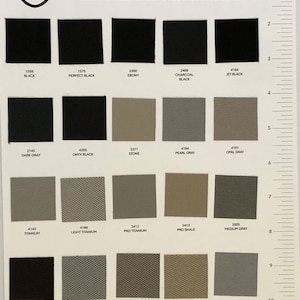 May include: A color chart showing fabric swatches for headliners. The chart is labeled "Standard Headliner Fabric Colors" and "Dozens of Sizes Available or 8 x 10 to Custom Cut". The swatches are labeled with numbers and names, such as "1559 Black", "2145 Dark Gray", and "4143 Titanium".