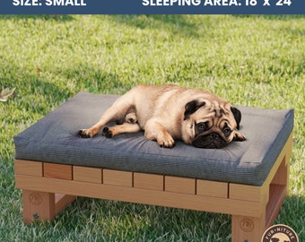 May include: A wooden patio bench for pets with a gray fabric cushion. The bench is 18 inches by 24 inches and is designed for small dogs. The bench has a "Fur-Niture Design Co." logo on the side.