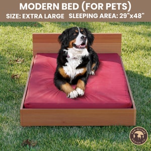 May include: A wooden dog bed with a red cushion. The bed is labeled "MODERN BED (FOR PETS)" and "SIZE: EXTRA LARGE SLEEPING AREA: 29"x48"". A Bernese Mountain Dog is lying on the bed.