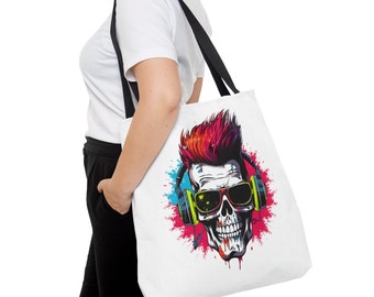 Tote Bag (AOP) Unique 1980s Vintage Punk Rocker Skull Tote Bag with Mohawk and Headphones