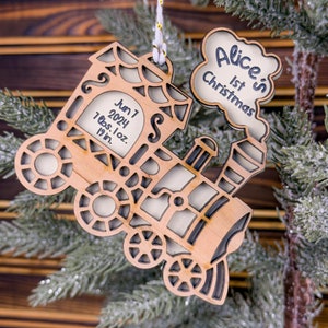 Personalized Baby's First Christmas Train Ornament: Acrylic & Wood Keepsake