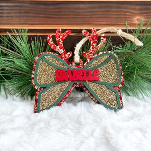 Personalized Bow Stocking Tag or Christmas Ornament for Girl | Custom Holiday Reindeer Coquette Bow | 2024 Ornament l Bow Gift Bag Tag