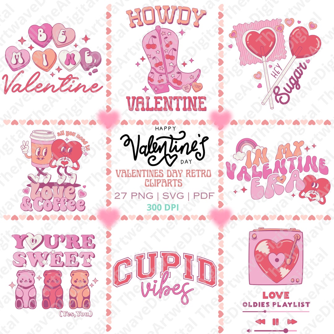 Retro Valentines Clipart Bundle, Retro Valentine Designs Bundle, Png ...