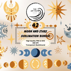 Maan en sterren sublimatiebundel, 40+ PNG, Cricut silhouet SVG-afbeeldingen, delicate clipart decoraties, hemelse Wanderer, commercieel gebruik