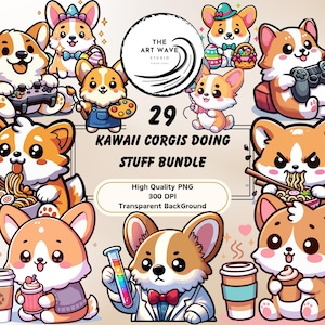 Pode incluir: Um conjunto de 29 ilustrações digitais que apresentam adoráveis corgis de desenhos animados realizando diversas atividades. Os corgis são representados em um estilo kawaii com olhos grandes e cores brilhantes. As ilustrações incluem corgis jogando videogames, comendo ramen, tomando café e muito mais. O texto "29 Kawaii Corgis Doing Stuff Bundle" está incluído na imagem.