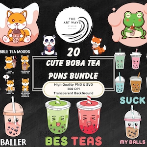 Lindo paquete Boba Tea Puns, 20 PNG de sublimación, gráficos SVG de silueta Cricut, diseños Kawaii, decoraciones de imágenes prediseñadas divertidas, uso comercial