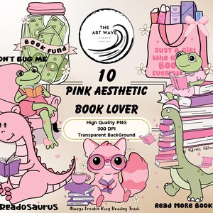 Pacchetto amante del libro estetico rosa, 10 clipart PNG, grafica della silhouette Cricut, piacere della terapia lirica, atmosfera della biblioteca femminile, uso commerciale