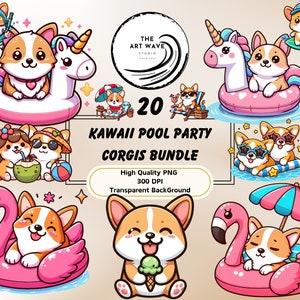 Kawaii Pool Party Corgis Bundle, 20 Sublimation PNG, Cricut Silhouette Bundle, süße Designs, lustige Clipart-Dekorationen, kommerzielle Nutzung