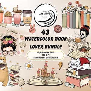 Pacchetto amante dei libri ad acquerello, oltre 40 clipart PNG, grafica della silhouette Cricut, piacere della terapia lirica, atmosfera da biblioteca pastello, uso commerciale