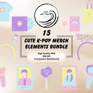 Cute K-Pop Merch Elements Bundle, 15 Sublimation PNG, Cricut Silhouette Graphics, Kawaii Designs, Pastel Cliparts, Fanchant, Commercial Use