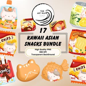 Paquete de bocadillos asiáticos Kawaii, más de 10 PNG, gráficos de silueta cricut, diseños de líneas simples, deliciosos bits de diario basura, uso comercial
