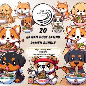 Paquete de perros Kawaii comiendo ramen, 20 PNG de sublimación, paquete de imágenes prediseñadas de silueta Cricut, decoraciones divertidas para amantes de los perros, uso comercial
