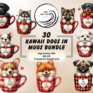Kawaii Dogs In Mugs Bundle, 30 PNG, Cricut Silhouette Grafiken, bezaubernde Zeichnungen, sanfte Farben, Junk Journaling Elemente, kommerzielle Nutzung