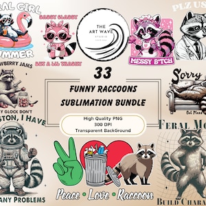 Funny Raccoons Sublimation Bundle, 30+ Cute Designs PNG, Cricut Silhouette Bundle, Funny Clipart Decorations, Commercial Use
