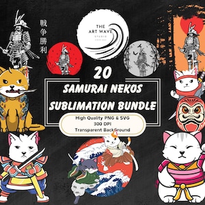 Könnte beinhalten: Ein Set mit 20 digitalen Illustrationen, die niedliche Comic-Katzen zeigen, die als Samurai-Krieger verkleidet sind. Die Illustrationen sind im farbenfrohen Anime-Stil gehalten und zeigen eine Vielzahl von Posen und Gesichtsausdrücken. Der Text "20 Samurai Nekos Sublimation Bundle" wird in einem Banner oben im Bild angezeigt.