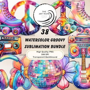 Aquarelle Groovy Sublimation Bundle, 30+ PNG, Cricut Silhouette Graphics, Décorations rétro joyeuses, Arc-en-ciel coloré, Utilisation commerciale