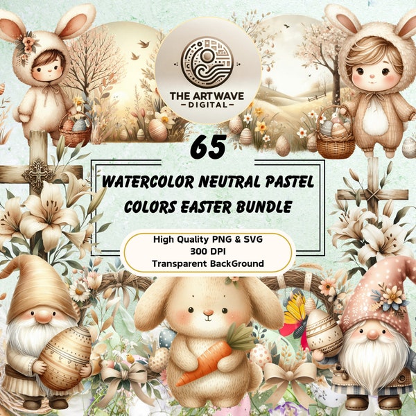 Watercolor Neutral Pastel Colors Easter Bundle, 60+ Sublimation Svg, Nursery Clipart Decorations, Cricut Silhouette Bundle, Commercial Use