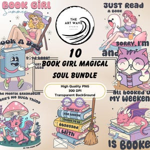Pacchetto anima magica ragazza libro, 10 clipart PNG, grafica Silhouette Cricut, piacere della terapia lirica, atmosfera da biblioteca femminile, uso commerciale