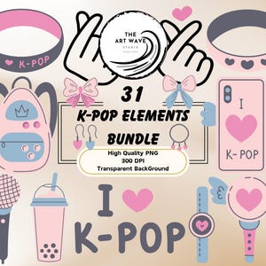 K-Pop Elements Bundle, 31 Sublimation PNG, Cricut Silhouette Graphics, Kawaii Designs, Pastel Clipart Colors, Fanchant, Commercial Use