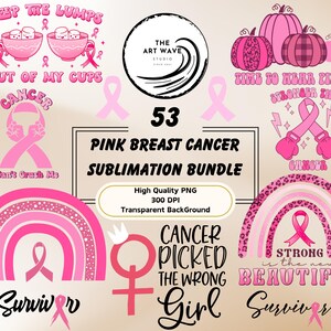 Puede incluir: Un conjunto de 53 diseños de sublimación para la concienciación sobre el cáncer de mama rosa. Los diseños incluyen un arcoíris con una cinta rosa, una cinta rosa con el texto "Strong is the new beautiful survivor", una cinta rosa con el texto "Can't crush me", una cinta rosa con el texto "Time to wear pink stronger than", una cinta rosa con el texto "Cancer picked the wrong girl", y una cinta rosa con el texto "Keep the lumps out of my cups".