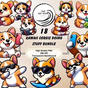 Kawaii Corgis Doing Stuff Bundle, 18 Sublimation PNG, Cricut Silhouette Clipart Bundle, lustige Hundeliebhaber Dekorationen, kommerzielle Nutzung
