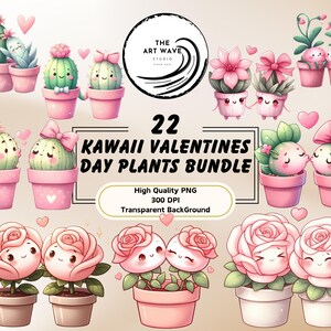 Kawaii Valentinstag Pflanzen Bundle, 22 PNG, Cricut Silhouette Grafiken, bezaubernde Zeichnungen, sanfte Farben, Junk Journal Bits, kommerzielle Nutzung
