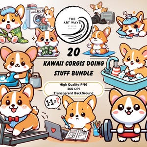 Pode incluir: Um conjunto de 20 ilustrações digitais com adoráveis corgis de desenhos animados realizando diversas atividades. Os corgis são desenhados em estilo kawaii com olhos grandes e cores brilhantes. As ilustrações são perfeitas para usar em projetos digitais, como postagens de mídia social, gráficos de sites e muito mais.
