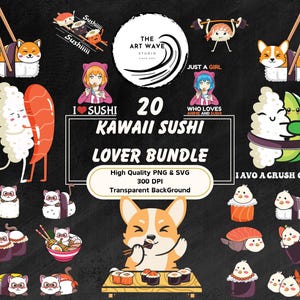 Pakiet miłośnika sushi Kawaii, 20 sublimacji PNG, grafika Cricut sylwetka SVG, słodkie projekty, śmieszne cliparty, wykorzystanie komercyjne