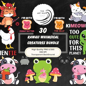 Kawaii Whimsical Creatures Bundle, 30 Sublimation PNG, Cricut Silhouette SVG Graphics, Cute Designs, Funny Clipart Puns, Utilisation commerciale