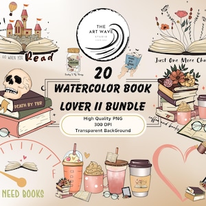 Pacchetto Acquerello Book Lover II, 20 clipart PNG, grafica Silhouette Cricut, piacere della terapia lirica, atmosfera da biblioteca pastello, uso commerciale