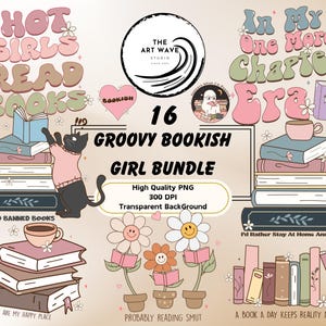 Pacchetto Groovy Bookish Girl, 16 clipart PNG, grafica Silhouette Cricut, piacere della terapia lirica, atmosfera della biblioteca hippie, uso commerciale