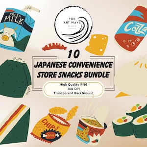 Paquete de refrigerios de tiendas de conveniencia japonesas, 10 PNG, gráficos de silueta cricut, diseños simples, deliciosos bits de diario basura, uso comercial