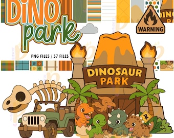 Dinosaur Clipart | Cartoon Dinosaurs with Eggs & Volcano | Jurassic Party | Dinosaur illustration | Jurassic Decorations | Digital Download