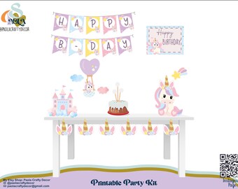 May include: A printable party kit featuring a unicorn theme. The kit includes a banner that says "Happy Birthday", a sign that says "Happy Birthday", a cake, a castle, and unicorn decorations. The kit is designed with pastel colors.