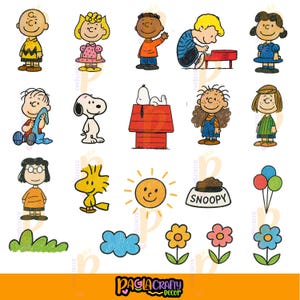 May include: A collection of colorful cartoon character illustrations, including Charlie Brown, Snoopy, and other Peanuts characters. The image also features a dog bowl with the name "Snoopy" and various other decorative elements.