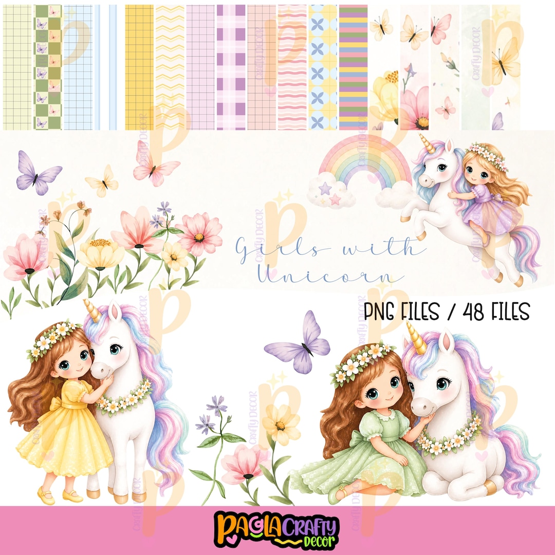 Magical Girls With Unicorn Clipart Bundle, Cute Pastel Fantasy Pngs for ...
