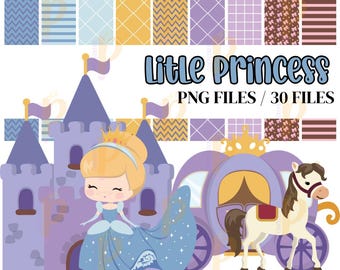 May include: A digital illustration of a princess, castle, and carriage, with the text "Little Princess PNG Files / 30 Files". The image includes patterned backgrounds in blue, yellow, and purple. The princess wears a blue gown and a golden crown.