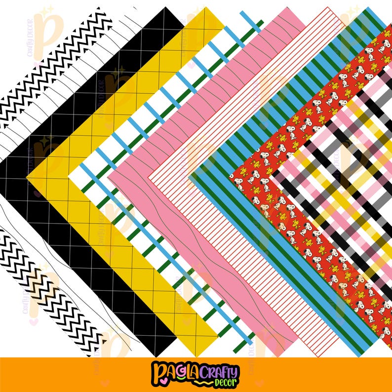 May include: A collection of patterned paper sheets in various designs. Includes black and white zigzags, yellow grids, pink wavy lines, blue and green stripes, and a red Snoopy print. The papers are arranged diagonally, showcasing the diverse patterns.