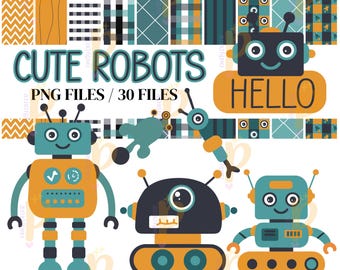 Robots Clipart Bundle, retro, Robots PNG, Robots, Invites Nursery, Digital Download, Robots Clipart, Robots Decoration, Cartoon Robots