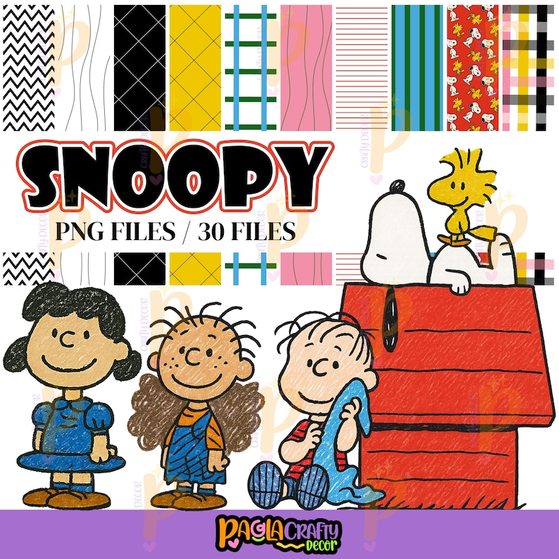 May include: Digital art featuring Snoopy, Woodstock, and other Peanuts characters. The image includes a red doghouse, various patterned backgrounds, and the text "SNOOPY PNG FILES / 30 FILES". Lucy, Linus, and Sally are also depicted.