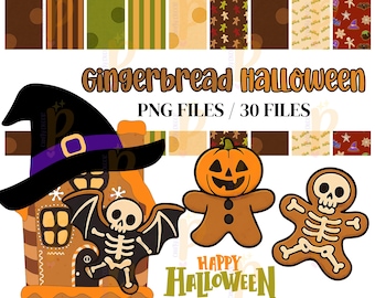 Gingerbread Clipart Bundle, Halloween 30 PNG, Birthday Decoration, Cute Halloween PNG, Digital Instant Download, Gingerbread PNG, Halloween