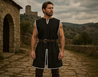 Ren Faire Wikinger Piraten Tunika, Renaissance Mittelalter Tunika, Cosplay Tunika für Larp, Retro V-Ausschnitt Ärmellos Lange Tunika, Ritter Kriegerin Tunika