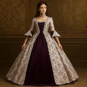 May include: A floor-length gown featuring a dark purple velvet center panel and a cream-colored overskirt with a detailed floral damask pattern. The dress has three-quarter length bell sleeves, a square neckline, and a matching choker necklace.