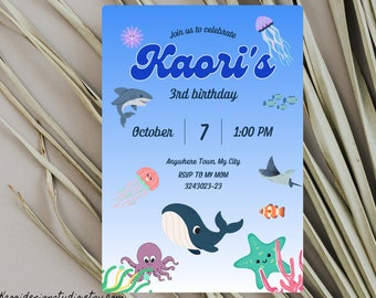 Under the Sea Birthday Invitation, Sea Animal Invitation Template, Whale,  Invitation, Canva Editable template, Instant Download