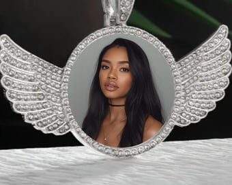 Custom Photo Angel Wings Pendant Necklace, Memorial Keepsake, diamond pendant, hiphop necklace, bling