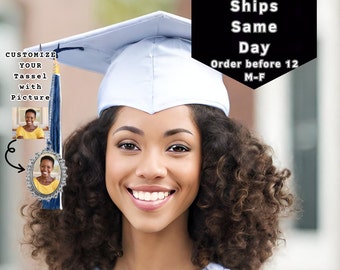 May include: A blue graduation tassel with a silver frame that can be customized with a photo. The tassel is hanging from a blue and gold cord. The text "Customize Your Tassel with Picture" is visible in the image.