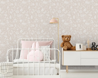 Leaping Hare Removable Wallpaper - Chalk - Soft beige and White traditional english cottage peel and stick rabbit butterfly garden wallpaper